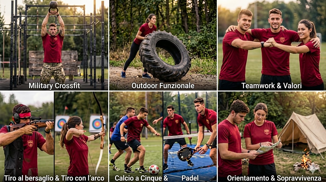 Le discipline dell’A.S.D. Bersaglieri SGV: crossfit, outdoor, teamwork, tiro, calcio a cinque, padel, orientamento e sopravvivenza
